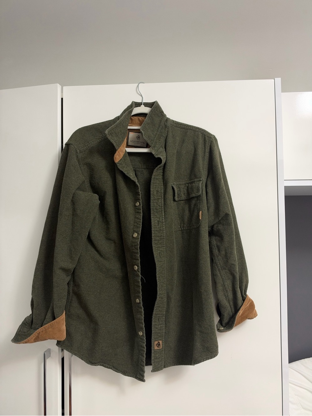 Legendary Whitetails Olive Green Button-Front Shirt Jacket with Tan Suede Trim